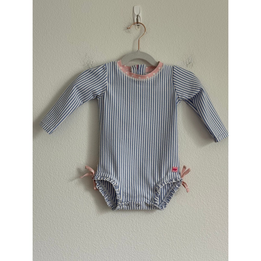 RuffleButts Rash Guard Swimsuit 12-18m Blue Seersucker Stripe Ruffle Sun Suit